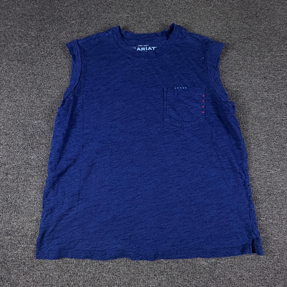 Ariat Tank Top Womens XL Navy Blue Slub Knit Pocket Sleeveless EUC